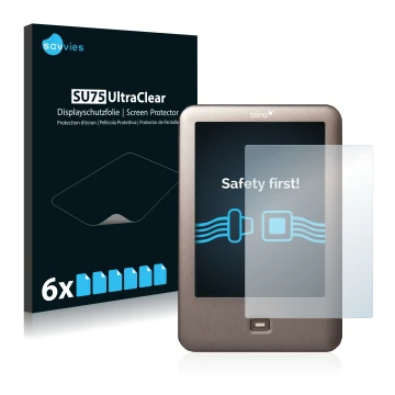 Parte frontale di una confezione del prodotto con il logo del marchio Savvies. Accanto è raffigurato il dispositivo Tolino Shi