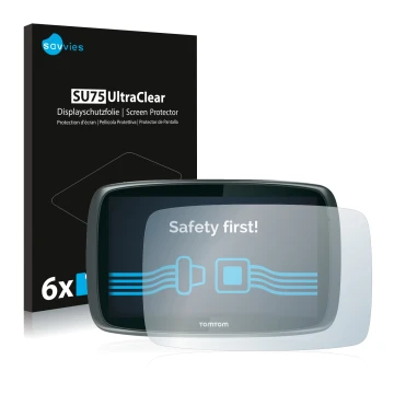 Parte frontale di una confezione del prodotto con il logo del marchio Savvies. Accanto è raffigurato il dispositivo TomTom GO 