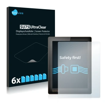 Parte frontale di una confezione del prodotto con il logo del marchio Savvies. Accanto è raffigurato il dispositivo Kobo Aura 