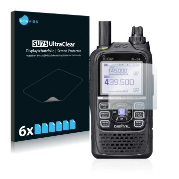 Parte frontale di una confezione del prodotto con il logo del marchio Savvies. Accanto è raffigurato il dispositivo Icom ID-51