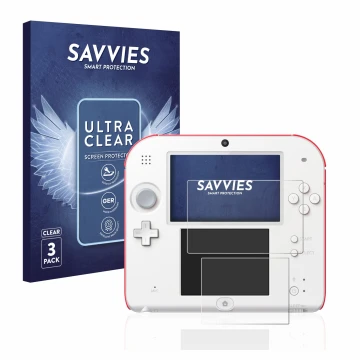 Parte frontale di una confezione del prodotto con il logo del marchio Savvies. Accanto è raffigurato il dispositivo Nintendo 2