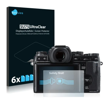 Parte frontale di una confezione del prodotto con il logo del marchio Savvies. Accanto è raffigurato il dispositivo Fujifilm X