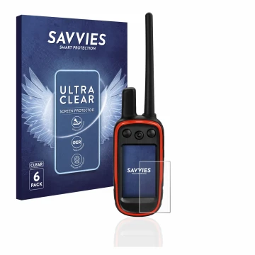 Parte frontale di una confezione del prodotto con il logo del marchio Savvies. Accanto è raffigurato il dispositivo Garmin Alp