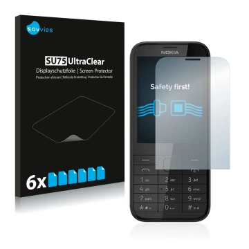 Parte frontale di una confezione del prodotto con il logo del marchio Savvies. Accanto è raffigurato il dispositivo Nokia 225 