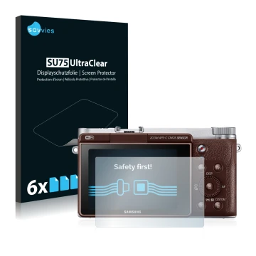 Parte frontale di una confezione del prodotto con il logo del marchio Savvies. Accanto è raffigurato il dispositivo Samsung NX