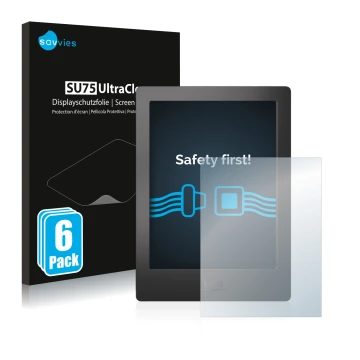 Parte frontale di una confezione del prodotto con il logo del marchio Savvies. Accanto è raffigurato il dispositivo Kobo Aura 