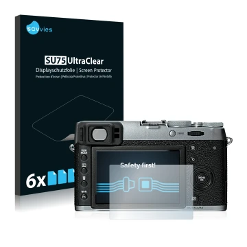 Parte frontale di una confezione del prodotto con il logo del marchio Savvies. Accanto è raffigurato il dispositivo Fujifilm X