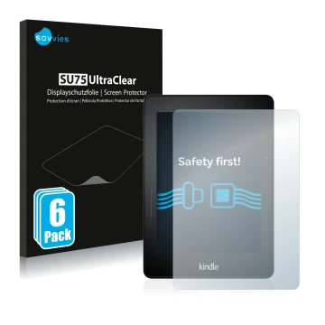 Parte frontale di una confezione del prodotto con il logo del marchio Savvies. Accanto è raffigurato il dispositivo Amazon Kin