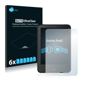 Parte frontale di una confezione del prodotto con il logo del marchio Savvies. Accanto è raffigurato il dispositivo Tolino Vis