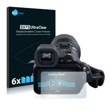 Parte frontale di una confezione del prodotto con il logo del marchio Savvies. Accanto è raffigurato il dispositivo JVC GC-PX1