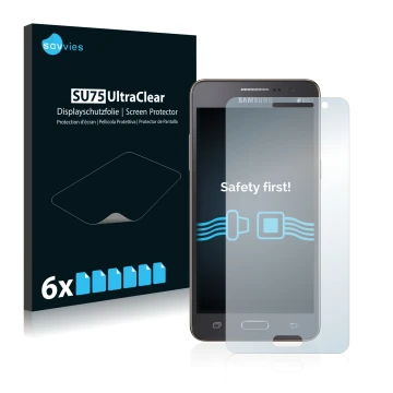 Parte frontale di una confezione del prodotto con il logo del marchio Savvies. Accanto è raffigurato il dispositivo Samsung Ga