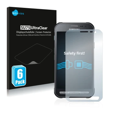 Parte frontale di una confezione del prodotto con il logo del marchio Savvies. Accanto è raffigurato il dispositivo Samsung Ga