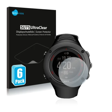 Parte frontale di una confezione del prodotto con il logo del marchio Savvies. Accanto è raffigurato il dispositivo Suunto Amb
