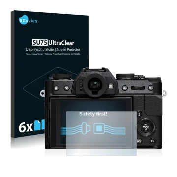 Parte frontale di una confezione del prodotto con il logo del marchio Savvies. Accanto è raffigurato il dispositivo Fujifilm X