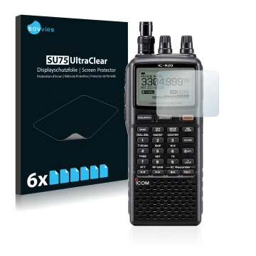 Parte frontale di una confezione del prodotto con il logo del marchio Savvies. Accanto è raffigurato il dispositivo Icom IC-R2