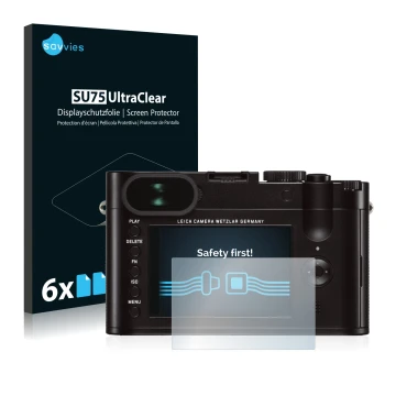 Parte frontale di una confezione del prodotto con il logo del marchio Savvies. Accanto è raffigurato il dispositivo Leica Q (T