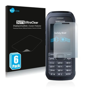 Parte frontale di una confezione del prodotto con il logo del marchio Savvies. Accanto è raffigurato il dispositivo Samsung Xc