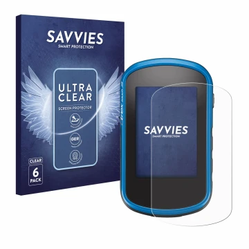 Parte frontale di una confezione del prodotto con il logo del marchio Savvies. Accanto è raffigurato il dispositivo Garmin eTr