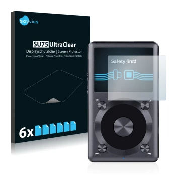 Parte frontale di una confezione del prodotto con il logo del marchio Savvies. Accanto è raffigurato il dispositivo FiiO X3 II