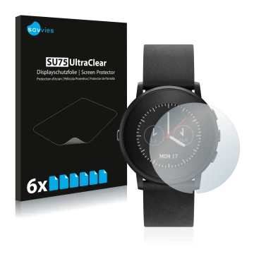 Parte frontale di una confezione del prodotto con il logo del marchio Savvies. Accanto è raffigurato il dispositivo Pebble Tim