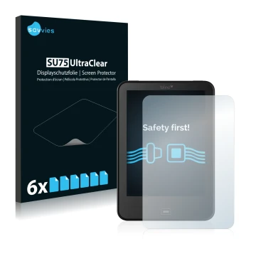 Parte frontale di una confezione del prodotto con il logo del marchio Savvies. Accanto è raffigurato il dispositivo Tolino Vis