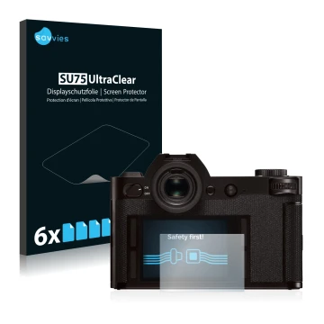 Parte frontale di una confezione del prodotto con il logo del marchio Savvies. Accanto è raffigurato il dispositivo Leica SL (