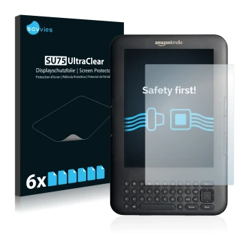 Parte frontale di una confezione del prodotto con il logo del marchio Savvies. Accanto è raffigurato il dispositivo Amazon Kin