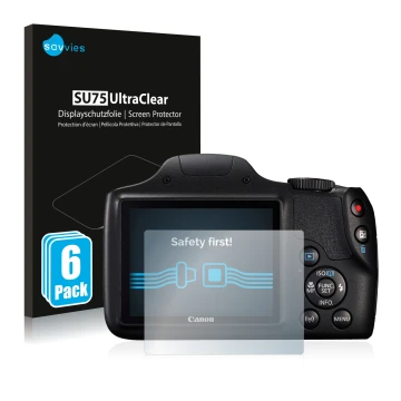 Parte frontale di una confezione del prodotto con il logo del marchio Savvies. Accanto è raffigurato il dispositivo Canon Powe