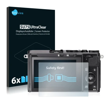 Parte frontale di una confezione del prodotto con il logo del marchio Savvies. Accanto è raffigurato il dispositivo Fujifilm F