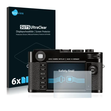 Parte frontale di una confezione del prodotto con il logo del marchio Savvies. Accanto è raffigurato il dispositivo Leica M (T