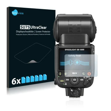 Parte frontale di una confezione del prodotto con il logo del marchio Savvies. Accanto è raffigurato il dispositivo Nikon SB-5