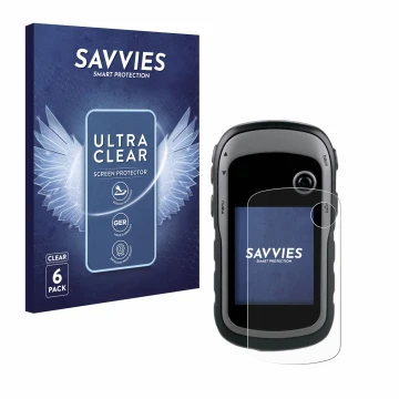 Parte frontale di una confezione del prodotto con il logo del marchio Savvies. Accanto è raffigurato il dispositivo Garmin eTr