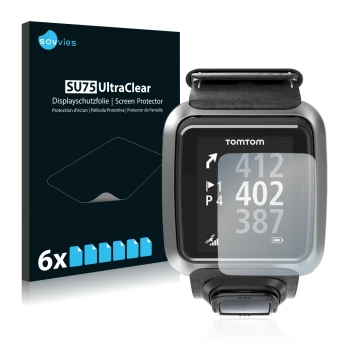 Parte frontale di una confezione del prodotto con il logo del marchio Savvies. Accanto è raffigurato il dispositivo TomTom Gol