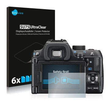 Parte frontale di una confezione del prodotto con il logo del marchio Savvies. Accanto è raffigurato il dispositivo Pentax K-7