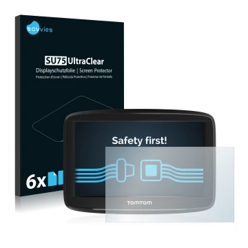 Parte frontale di una confezione del prodotto con il logo del marchio Savvies. Accanto è raffigurato il dispositivo TomTom Sta