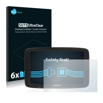 Parte frontale di una confezione del prodotto con il logo del marchio Savvies. Accanto è raffigurato il dispositivo TomTom Sta