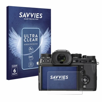 Parte frontale di una confezione del prodotto con il logo del marchio Savvies. Accanto è raffigurato il dispositivo Fujifilm X