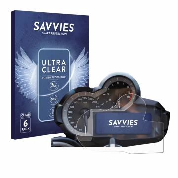 Parte frontale di una confezione del prodotto con il logo del marchio Savvies. Accanto è raffigurato il dispositivo BMW R 1200