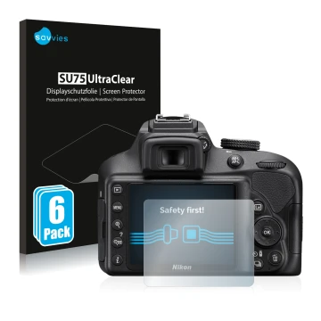 Parte frontale di una confezione del prodotto con il logo del marchio Savvies. Accanto è raffigurato il dispositivo Nikon D340