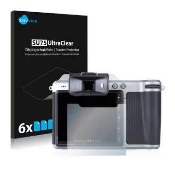 Parte frontale di una confezione del prodotto con il logo del marchio Savvies. Accanto è raffigurato il dispositivo Hasselblad