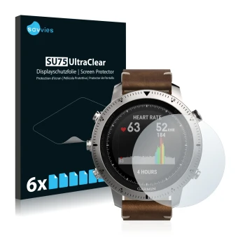 Parte frontale di una confezione del prodotto con il logo del marchio Savvies. Accanto è raffigurato il dispositivo Garmin Fen