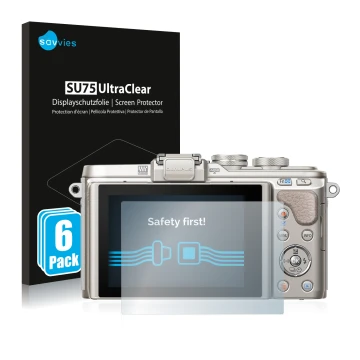 Parte frontale di una confezione del prodotto con il logo del marchio Savvies. Accanto è raffigurato il dispositivo Olympus PE