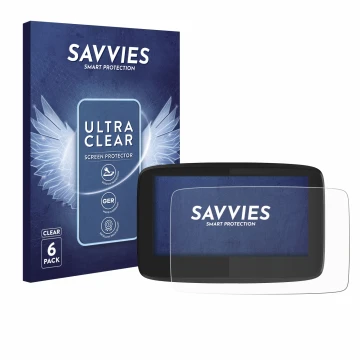 Parte frontale di una confezione del prodotto con il logo del marchio Savvies. Accanto è raffigurato il dispositivo TomTom GO 