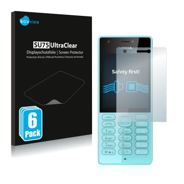 Parte frontale di una confezione del prodotto con il logo del marchio Savvies. Accanto è raffigurato il dispositivo Nokia 216 