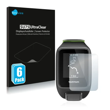 Parte frontale di una confezione del prodotto con il logo del marchio Savvies. Accanto è raffigurato il dispositivo TomTom Run