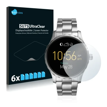 Parte frontale di una confezione del prodotto con il logo del marchio Savvies. Accanto è raffigurato il dispositivo Fossil Q M