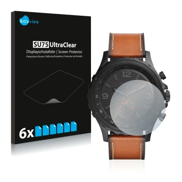 Parte frontale di una confezione del prodotto con il logo del marchio Savvies. Accanto è raffigurato il dispositivo Fossil Q N