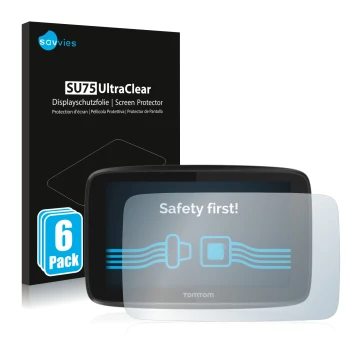 Parte frontale di una confezione del prodotto con il logo del marchio Savvies. Accanto è raffigurato il dispositivo TomTom GO 