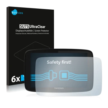 Parte frontale di una confezione del prodotto con il logo del marchio Savvies. Accanto è raffigurato il dispositivo TomTom GO 