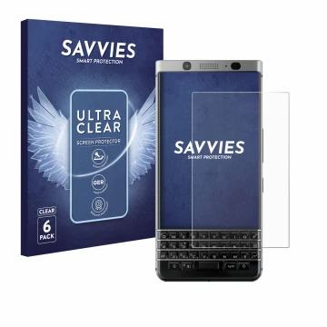 Parte frontale di una confezione del prodotto con il logo del marchio Savvies. Accanto è raffigurato il dispositivo BlackBerry